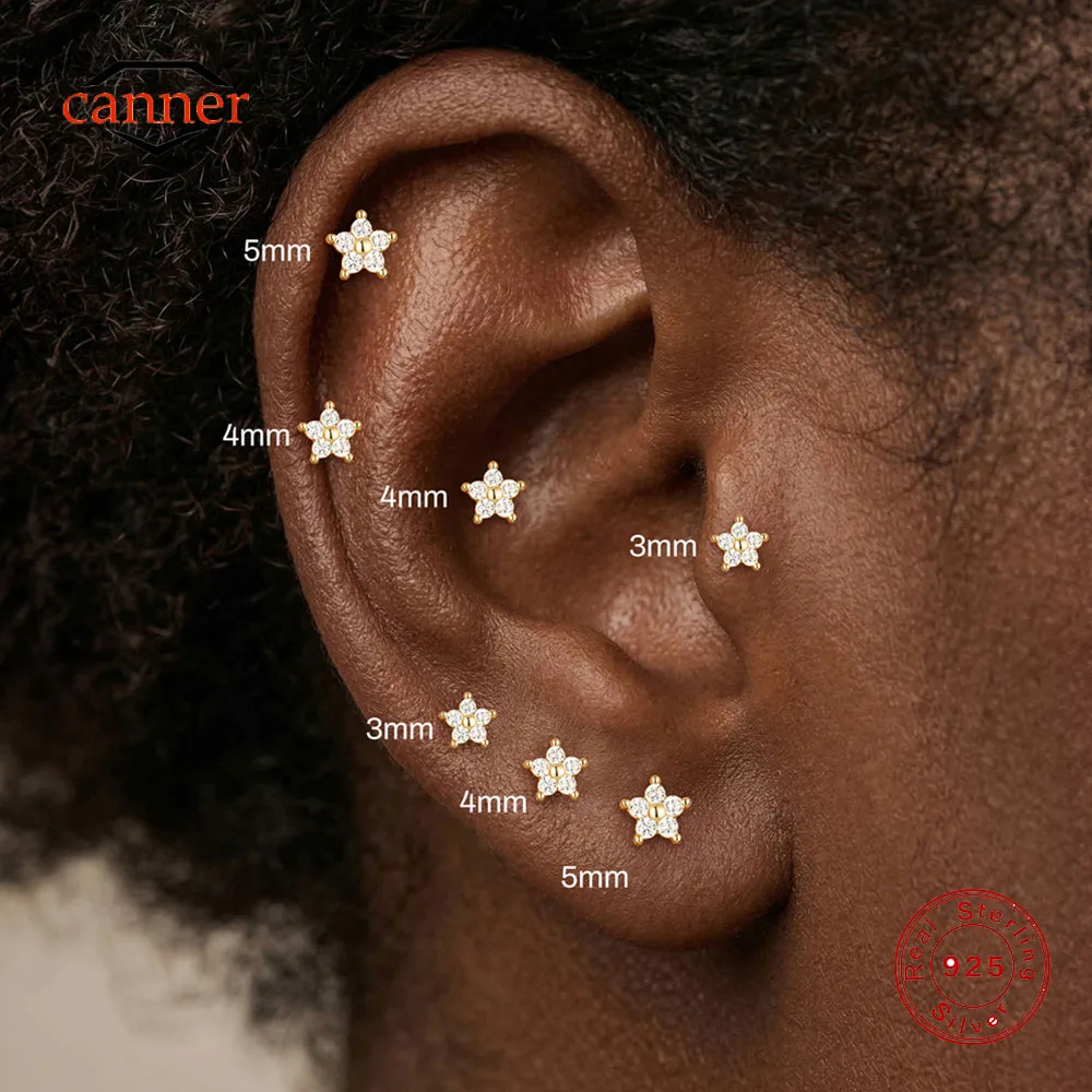 CANNER 1PC S925 Sterling Silver 3/4/5mm CZ Flower Flat Back Piercing Stud Earrings 18K Gold Plated Floral Jewelry Party Gift