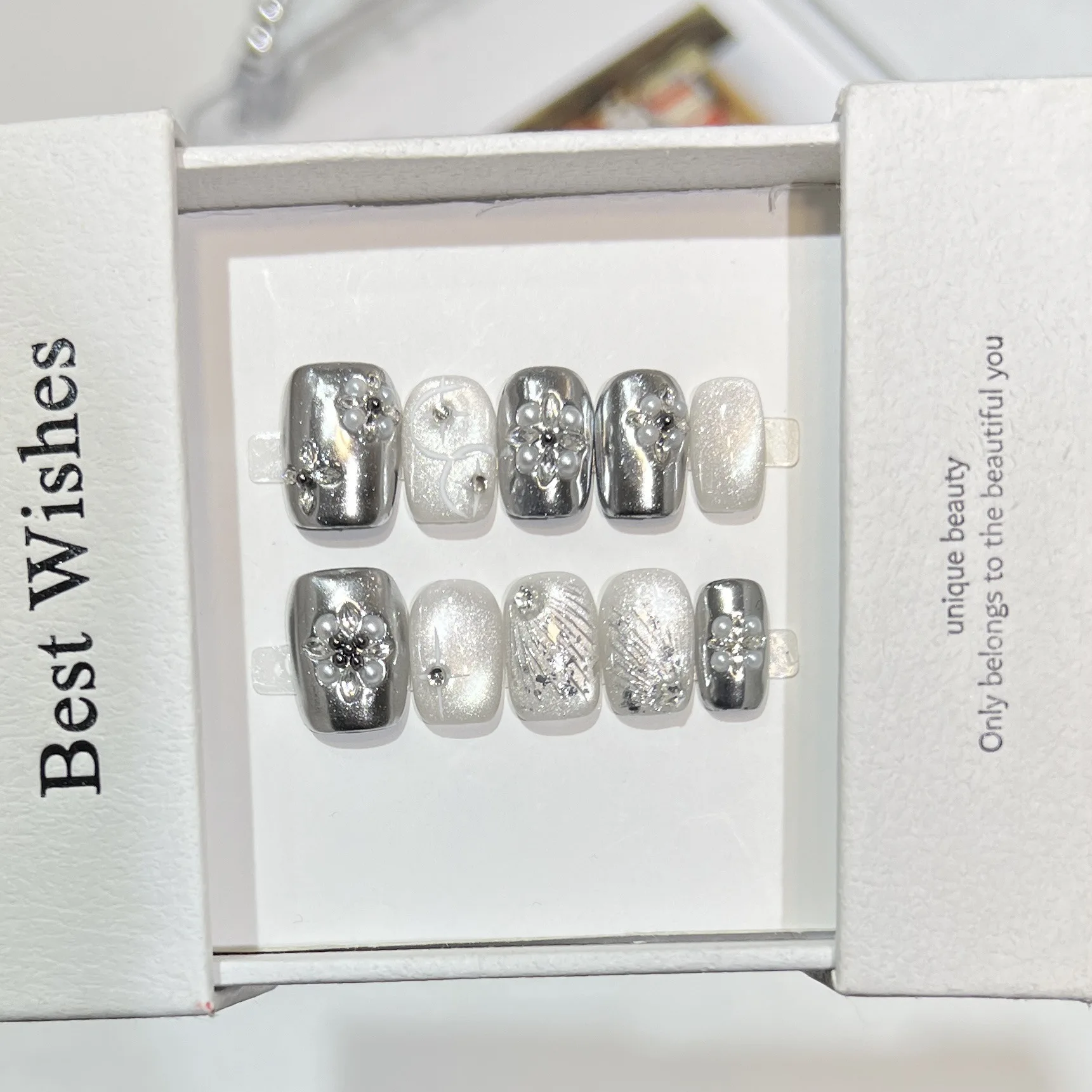 10 Uds. De cuentas de cristal bonitas, ojo de gato, prensa corta en Nail Art, espejo mágico en polvo, diamante de circón, uñas postizas hechas a mano