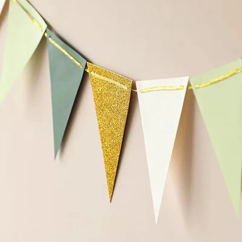 3pc Gold Green Paper Triangle Flags Bunting For Greenery Baby Shower Wedding Nursery Classroom Birthday Party Banner Flags