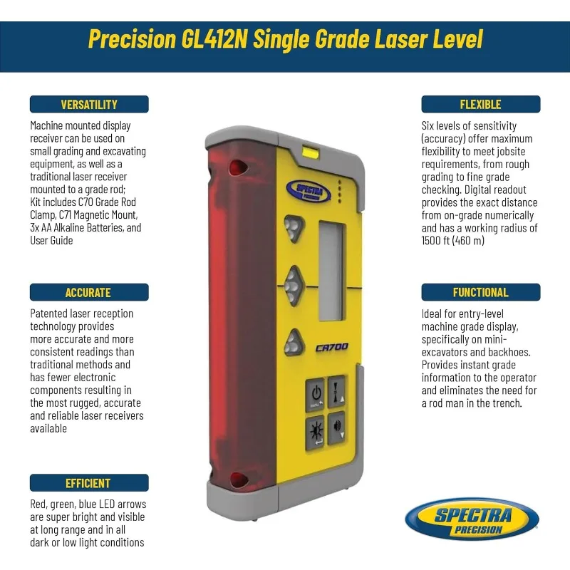 Spectra Precision CR700 Combination Laser Receiver with C70 Rod Clamp, C71 Magnetic Mount, Batteries