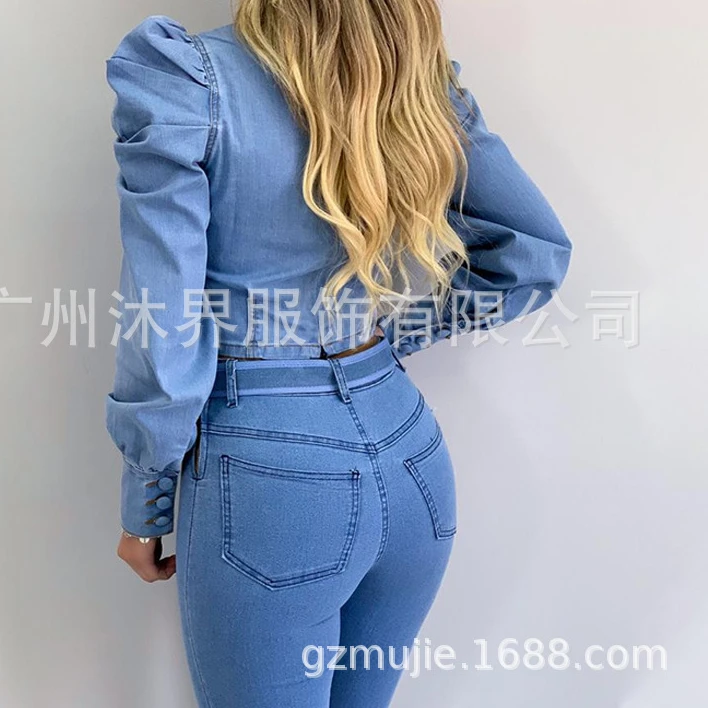 Denim Shirt Women New Light Blue Long Bubble Sleeve Blouses Skinny Slim Fit Francais Tops Korean Streetwear Blusas Mujer De Moda