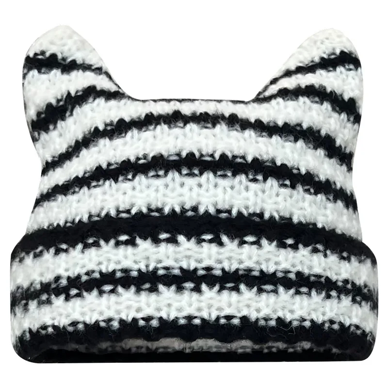 2023 Korean Wave  Felix INS Black and White Stripe Knitted Cat Rabbit Ears Woolen Hat Fashion Trend Accessories Hat