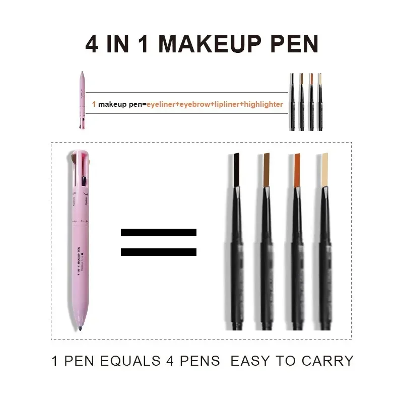 4 in 1 Kleurpotlood 4 Kleur Lip Liner Markeerstift Potlood Eyeliner Wenkbrauwpotlood Multifunctionele Draagbare Make-up Gereedschap Kan vervangen