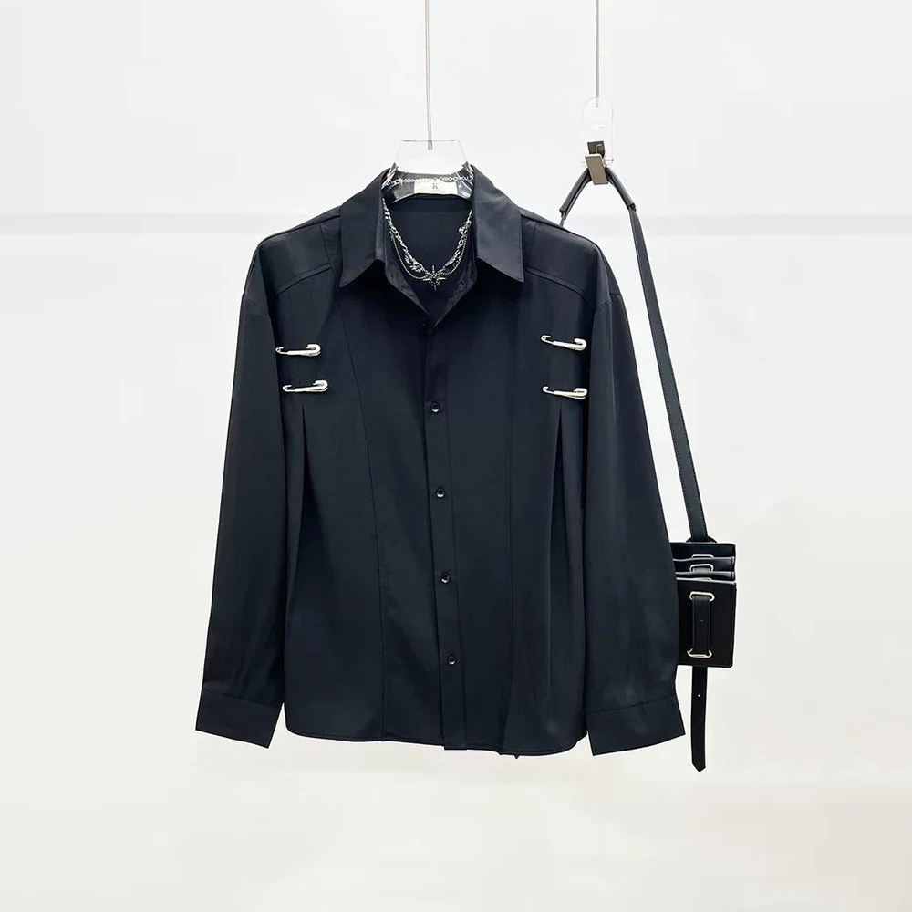 

Men's Metal Pin Long-Sleeved Shirt American Retro Fashion Trend Street Casual Loose Breathable Niche Summer New Men's Tops