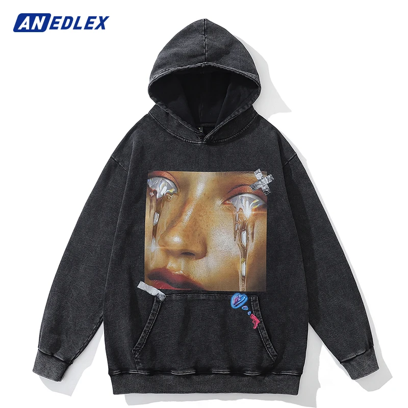 Hip Hop Men Washed Oversized Hoodie Sweatshirt Tearful Portrait Graphic Vintage Hoodie Harajuku Cotton Autumn Hooded Pullover