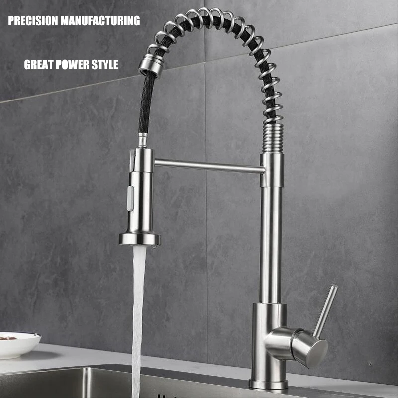 American Kitchen Stainless Steel Drawing Spring Pull Hot And Cold Sink Faucet