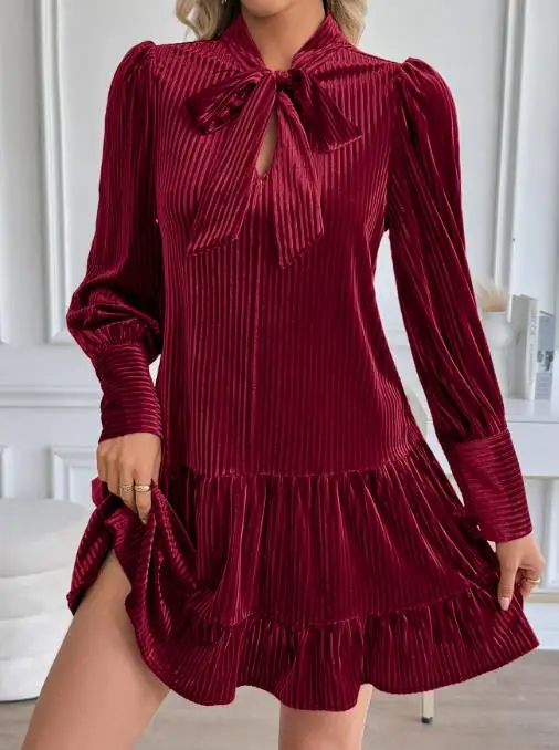 

Women's Dress Classic Autumn Elegant Casual Style Solid Corduroy Lace Up Design Round Neck Bubble Sleeve Straight Tube Dress