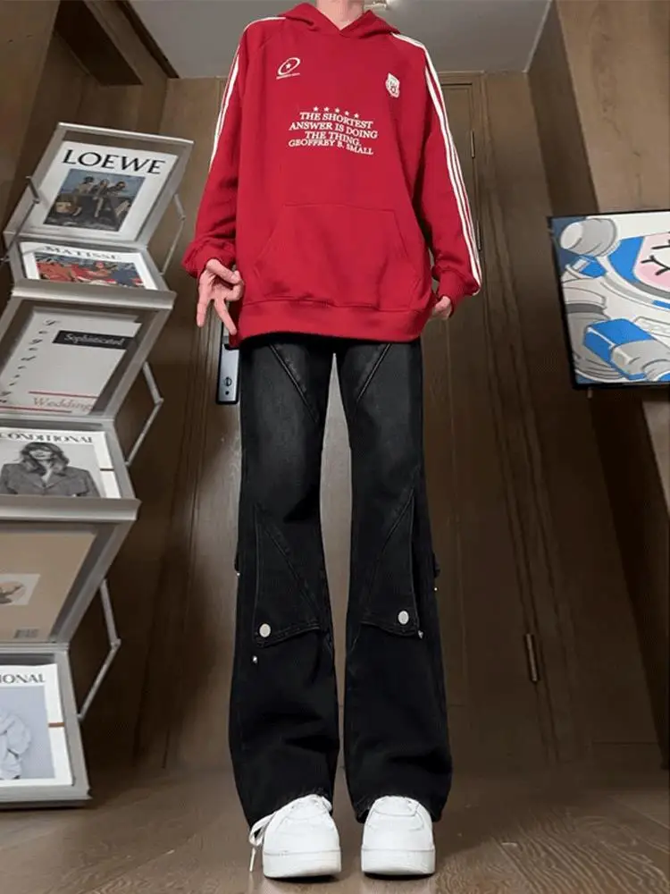 

Bla Buttoned Slim Fit Straight Leg Jeans Men's Autumn Splicing Design American High Street Vibe Micro Flared Pants