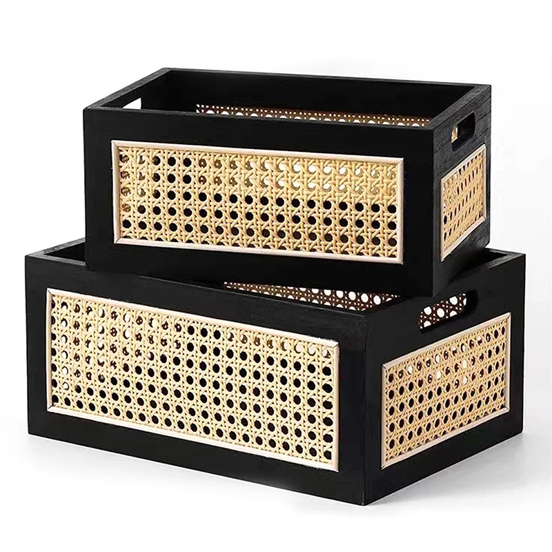 

Solid Wood Storage Box Retro Desktop Imitate Rattan Basket Book Snacks Sundries Cosmetics Organizer Boxes Home Decor Basket