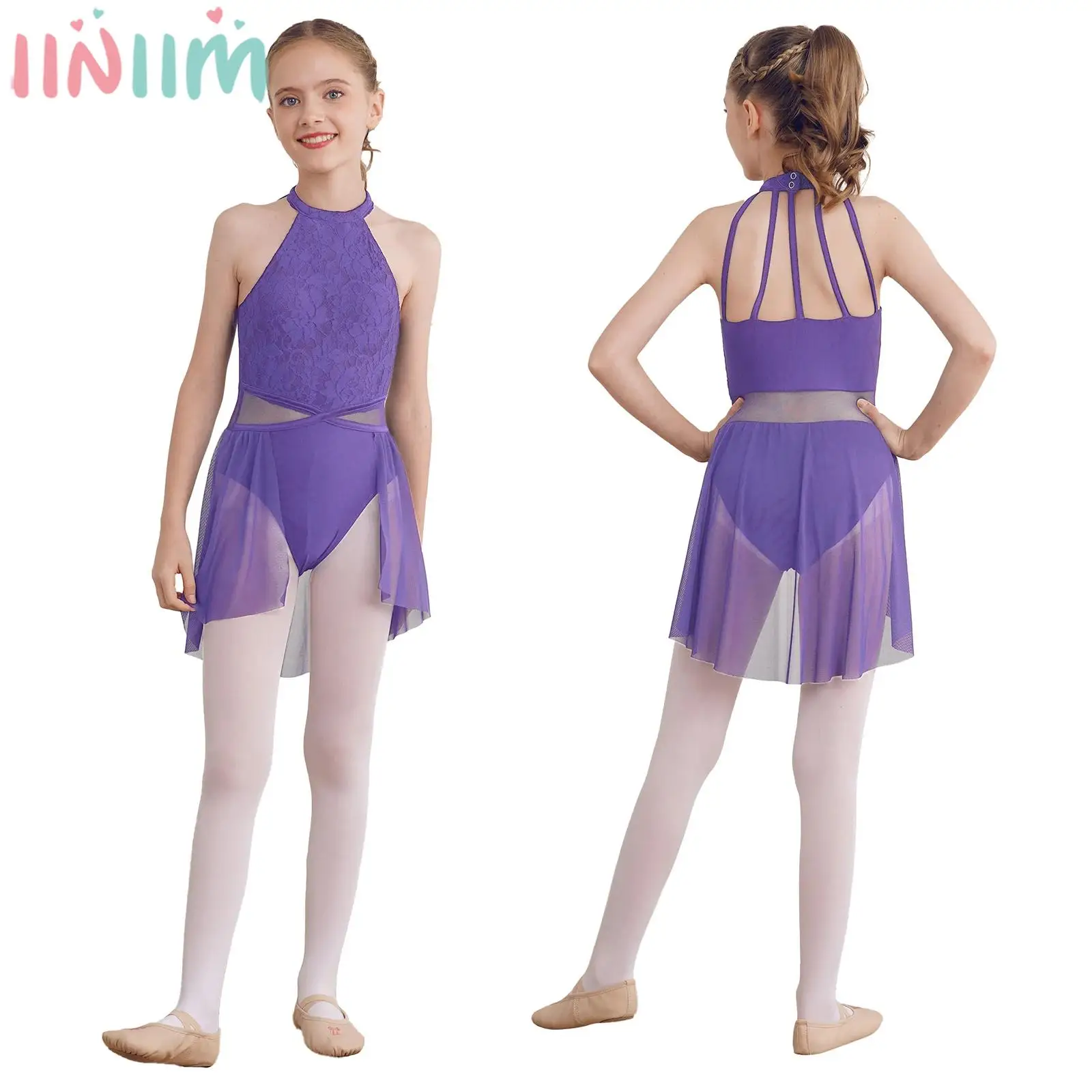 

Girls Ballet Gymnastics Leotard Lyrical Dance Dress Sleeveless Floral Lace Tutu Dancewear for Figure Skating Stage Performance