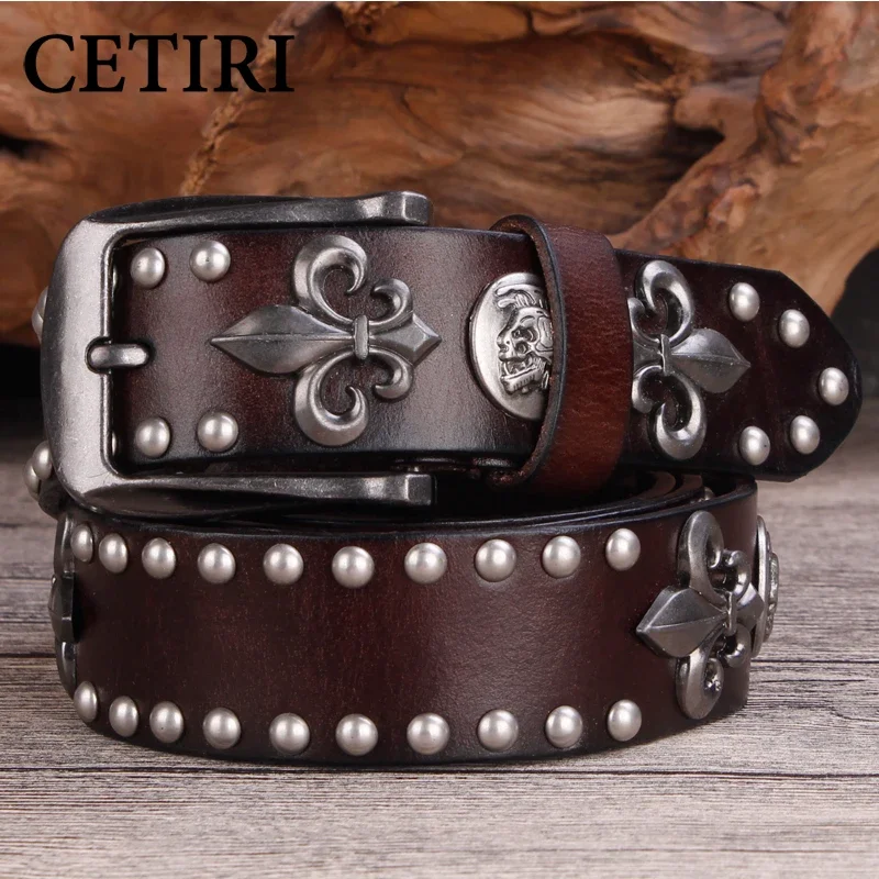 

High Quality Metal Rivet Cowboy Belt Top Grain Genuine Leather Cowskin Men Belt Punk Rivet Jeans Belts For Men