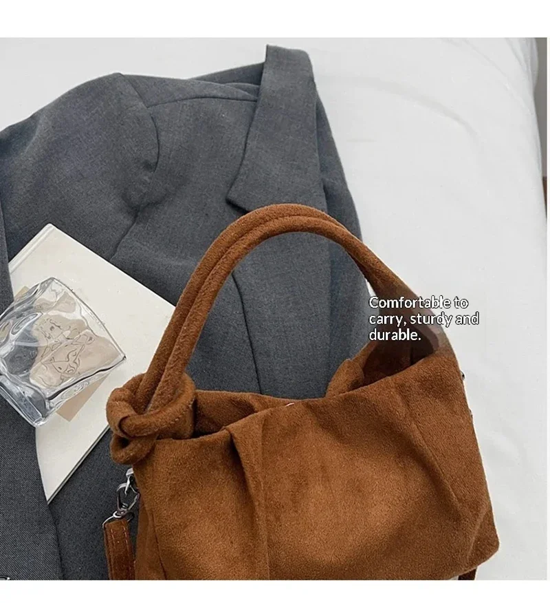 Einfache Umhängetasche aus Wildleder im Retro-Stil für Damen, modische Tragetasche, lässige, bequeme und vielseitige Schultertasche mit Textur, Pendler-Handtasche – Detail 8