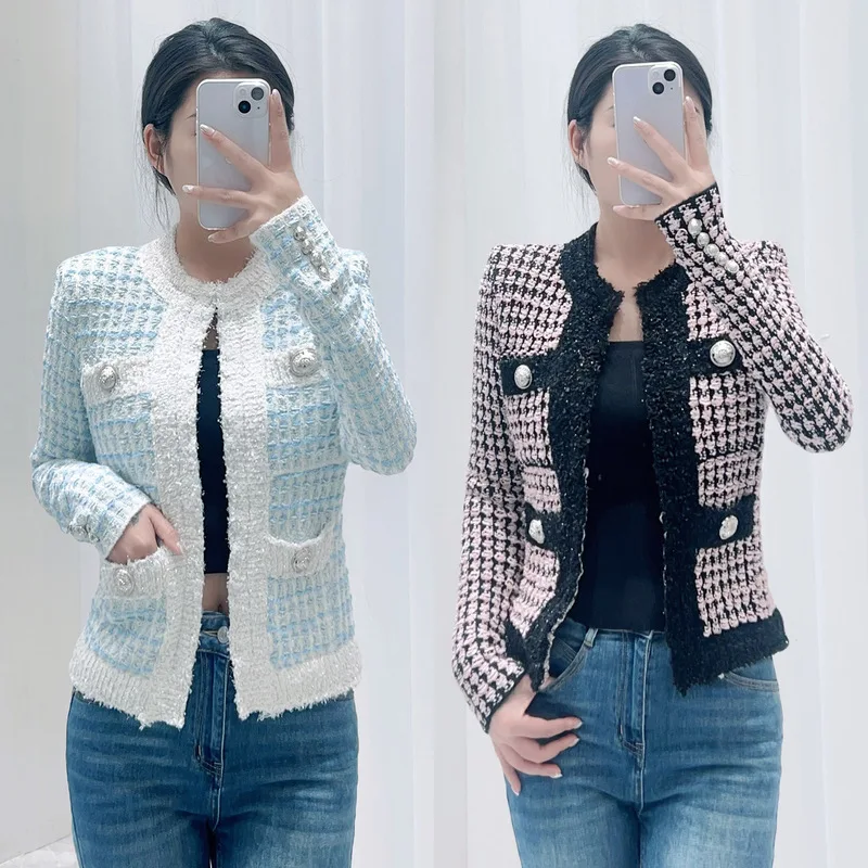 【CHUJIE】 سترة صوفية قصيرة على الطراز الفرنسي الجديد لخريف وشتاء 2025، متعددة الاستخدامات وكتلة الألوان منقوشة برقبة دائرية