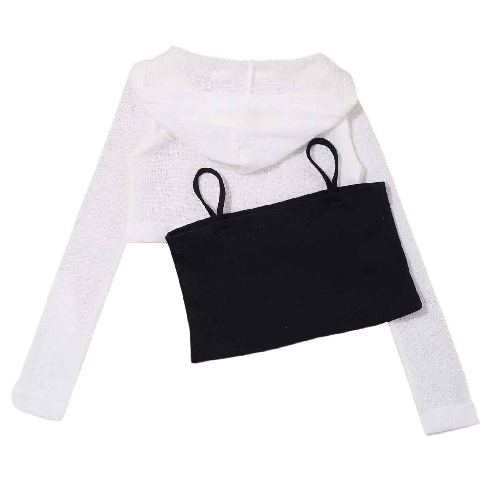 Completi da ballo jazz hip-hop per bambina 2 pezzi Top corto con cappuccio trasparente a maniche lunghe in cotone con spalline per spaghetti Canotta