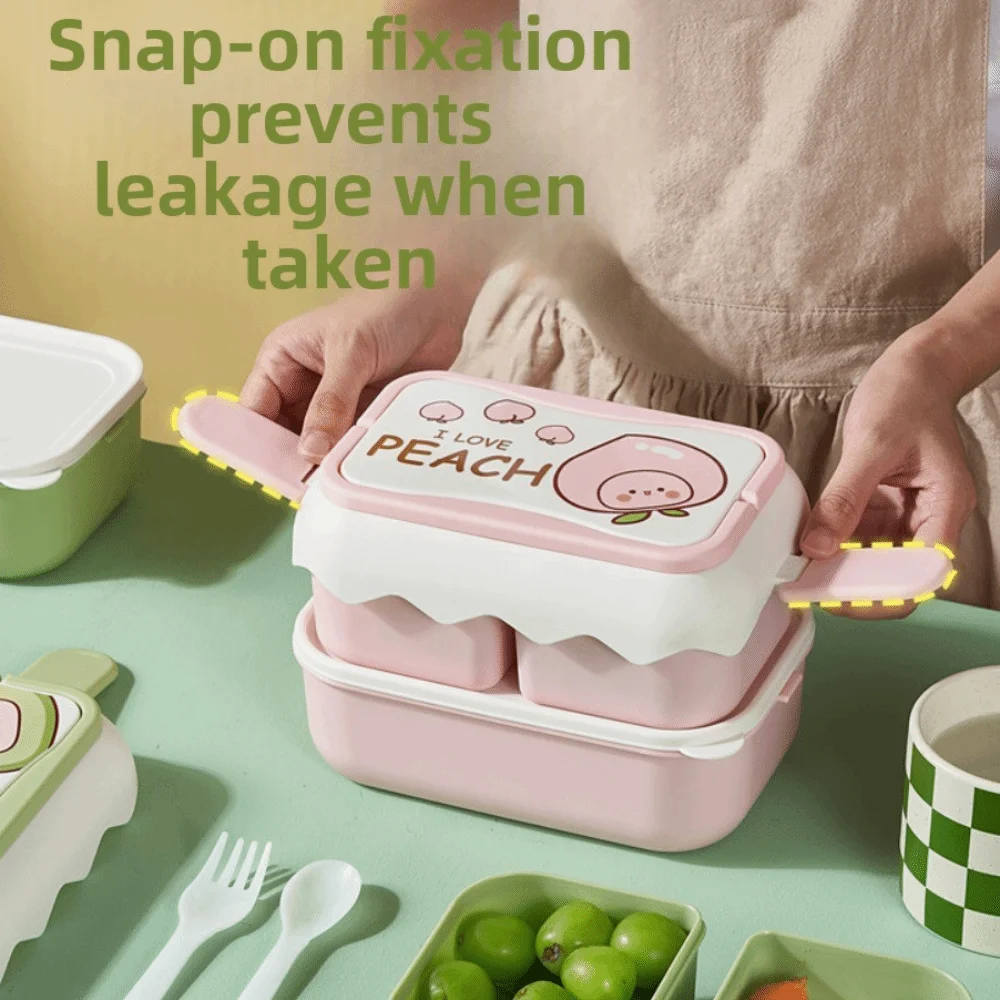 

Double Layered Cartoon Lunch Box Drop-proof Fruit Pattern Plastic Lunch Box Rectangular Large Capacity Compartment Lunch Box
