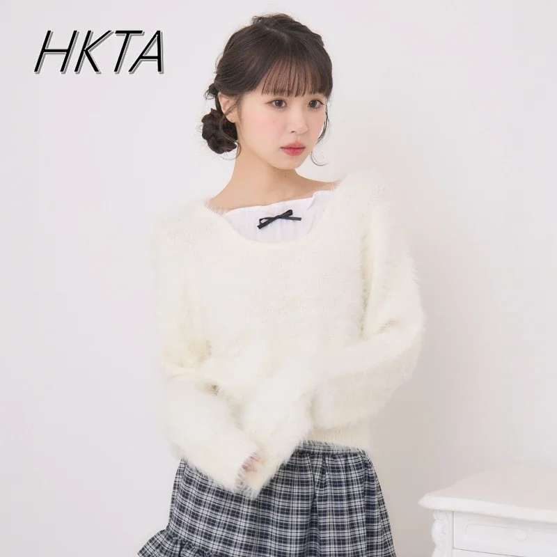 Japanese Sweet Soft Comfortable Furry Fake Two Pieces Sweet Bow Knitted Sweater Top 2024 Winter New White Pullover Sweater Women