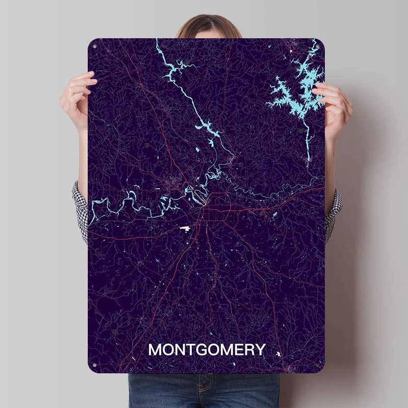 Montgomery Alabama Map - Dark Aesthetic Poster Customized Vintage Metal Signs Wall Art Retro Tin Plaque for Decoration Bedroom
