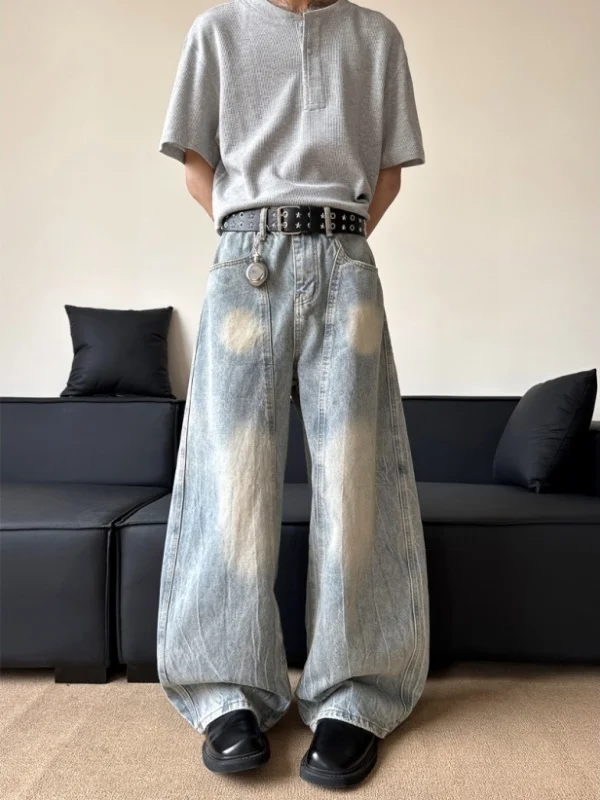 Jean en Denim rétro américain pour hommes, ample, jambes larges, droit, longueur au sol, pantalon tendance, Design au couteau, Sensation