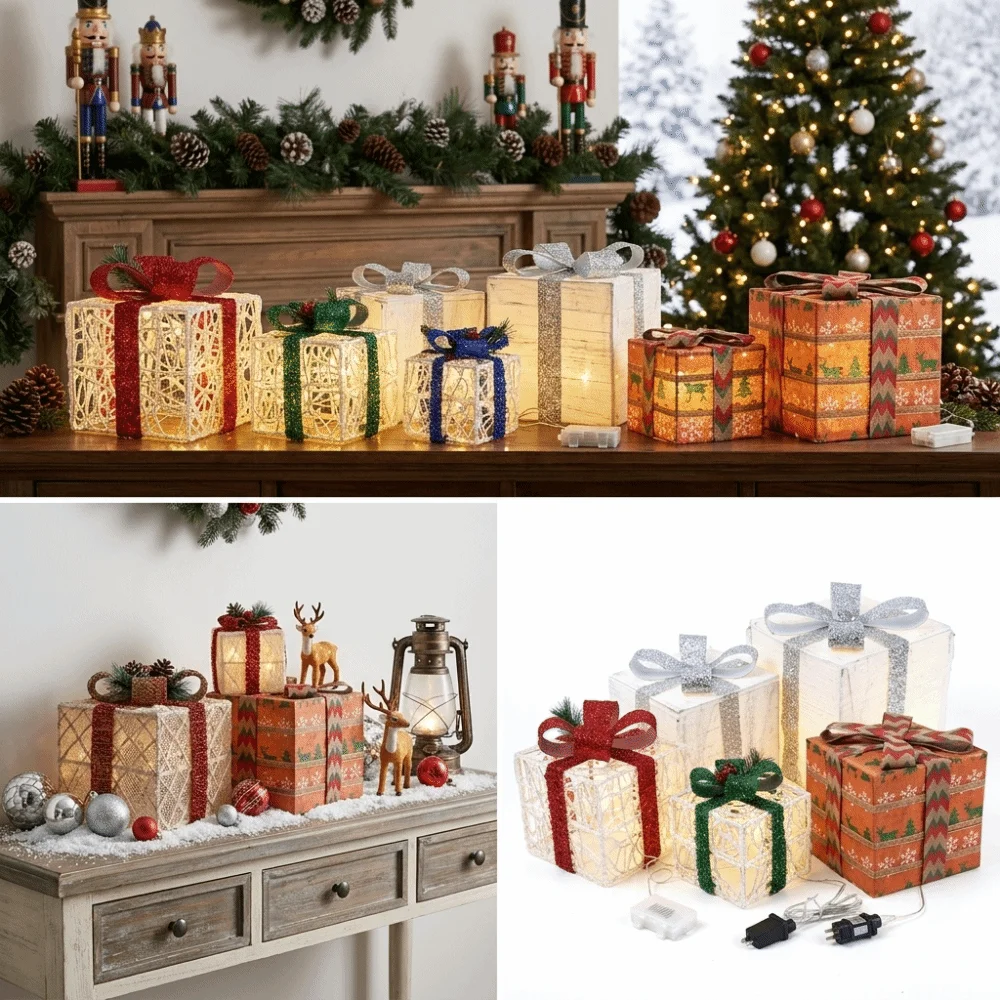 Set of 3 LED Lighted Christmas Gift Boxes Premium Lightweight Material Easy to Set Up Christmas Ornaments Soft LED Lights