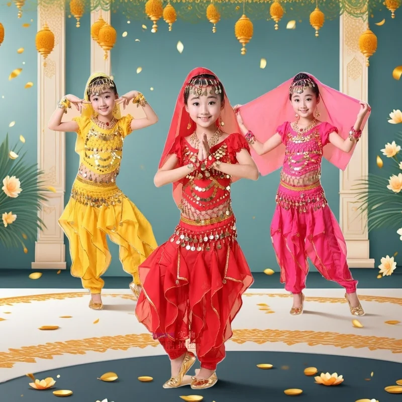 Abbigliamento da ballo Set di costumi di danza del ventre per bambini Vestito di fiori indiani per ragazze 6 pezzi (copricapo di velo con gonna e cintura superiore)