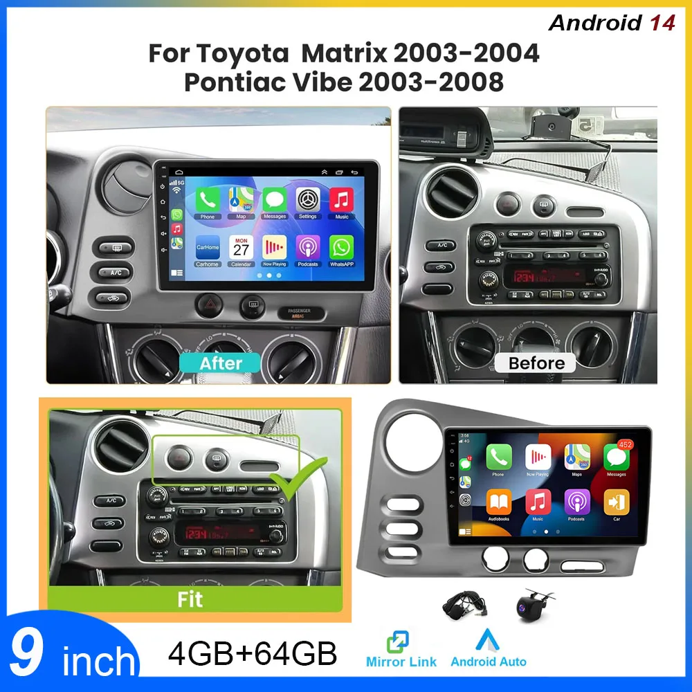 Autoradio 9 pouces adapté à la Navigation GPS Carplay pour Matrix 2003-2004 Android 14 autoradio Bluetooth FM/RDS WiFi SWC + AHD