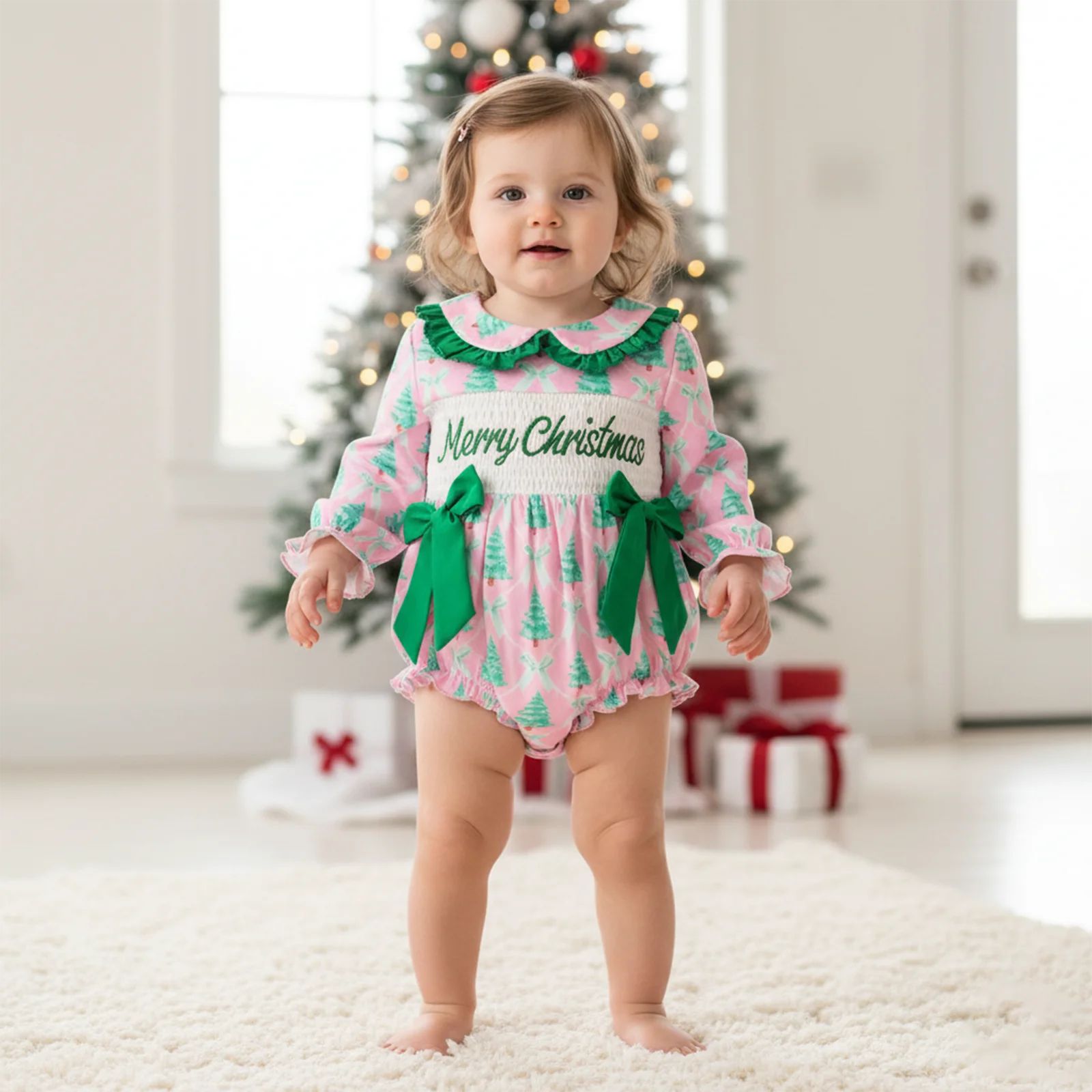 

Baby Girl Christmas Bodysuit Bow Tree Print Letter Embroidery Doll Collar Long Sleeve Romper