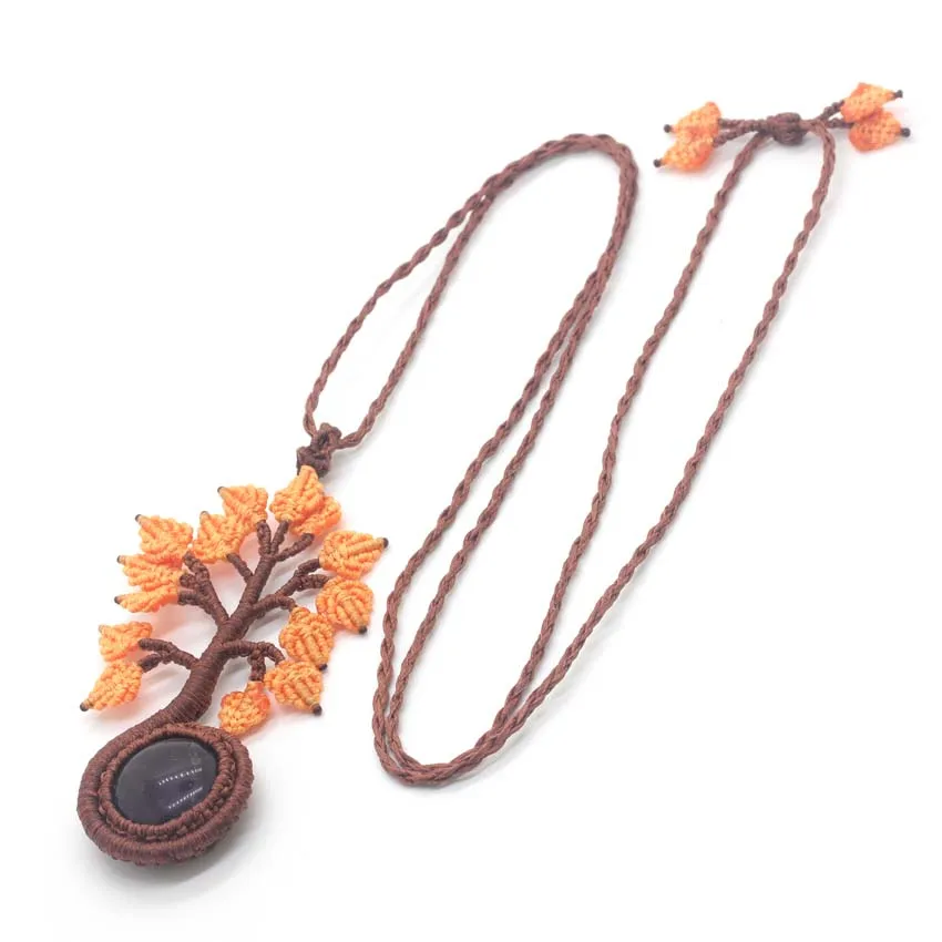 Handmade Rope Wrapped Braided Macrame Natural Rose Crystal Quartz Cabochon Stone Pendant Necklace Tree Summer Gift Jewelry