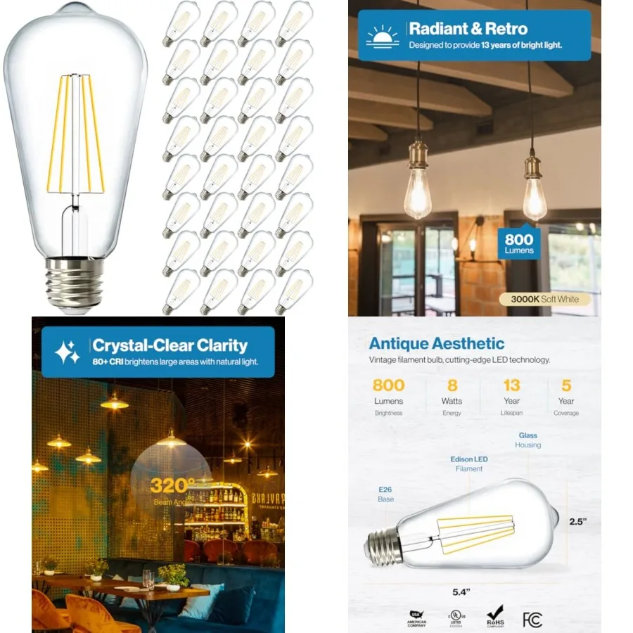 Sunco 32 Pack Edison Bulbs LED ST64, Clear Vintage Filament Waterproof Bulb, 800 LM, 8.5W 60W Equivalent,ST19,,E26 Medium Base,