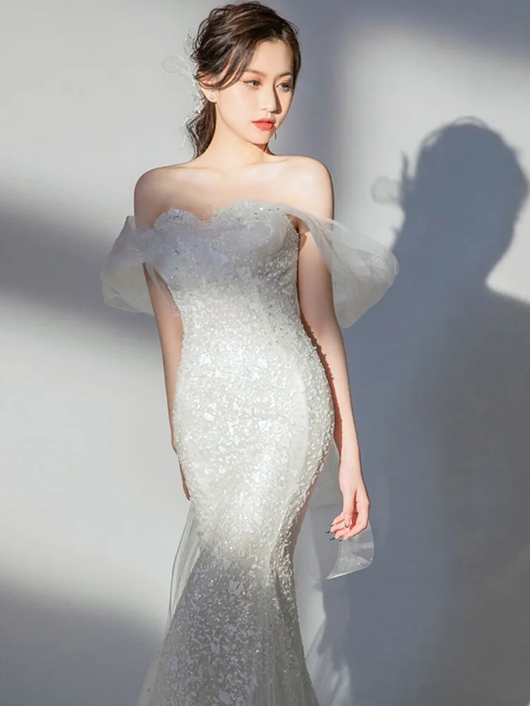 Robe de soirée de forme sirène, épaules dénudées, tenue de soirée formelle pour mariage, petit traîne, Tulle cristal, sans bretelles, dos nu