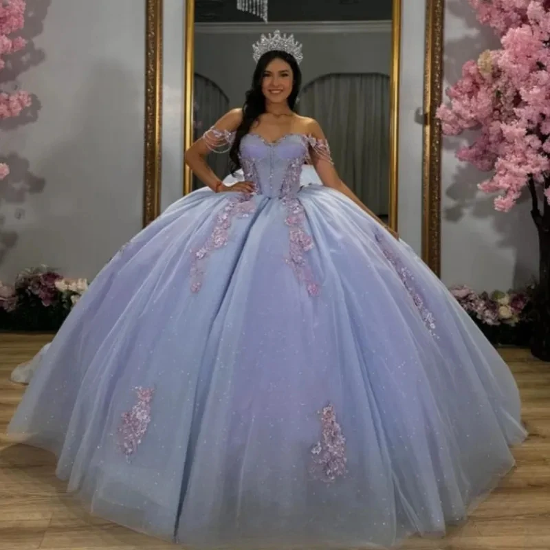 

Сиреневое блестящее бальное платье, платья для Quinceanera, аппликация, кружевные бусины, кристалл, милое платье 15 лет, официальное платье для вечеринки 16 De XV