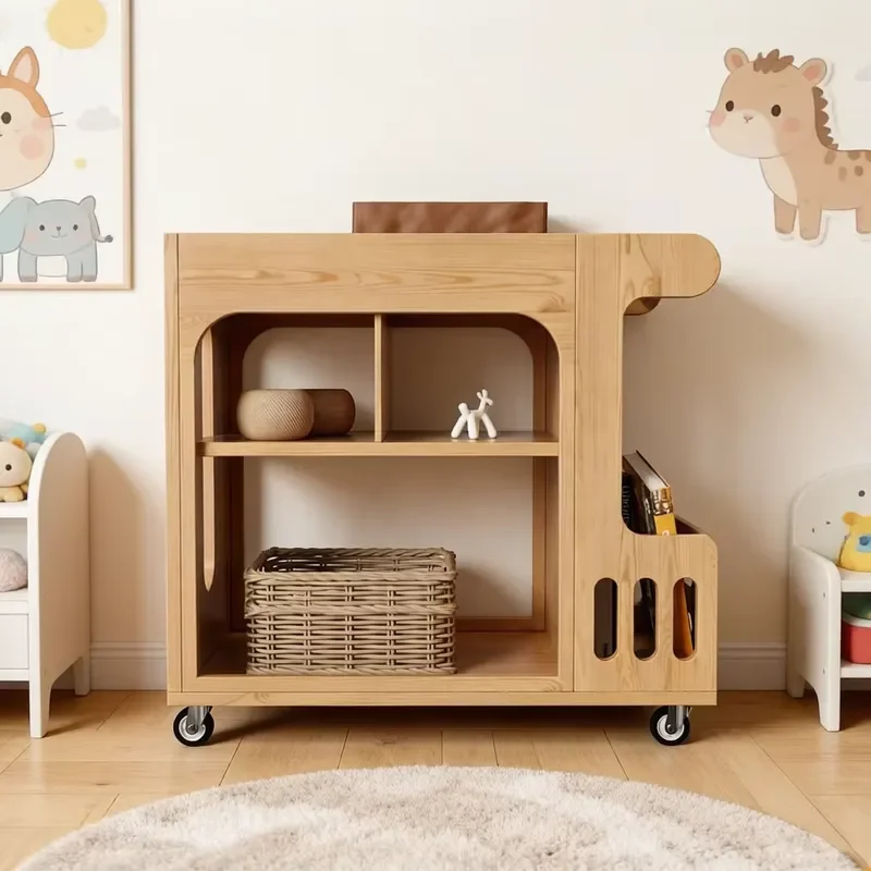 Wooden Mobile Storage Locker with Open Compartments and Side Shelves Compatible with Kids Playroom Furniture Organization