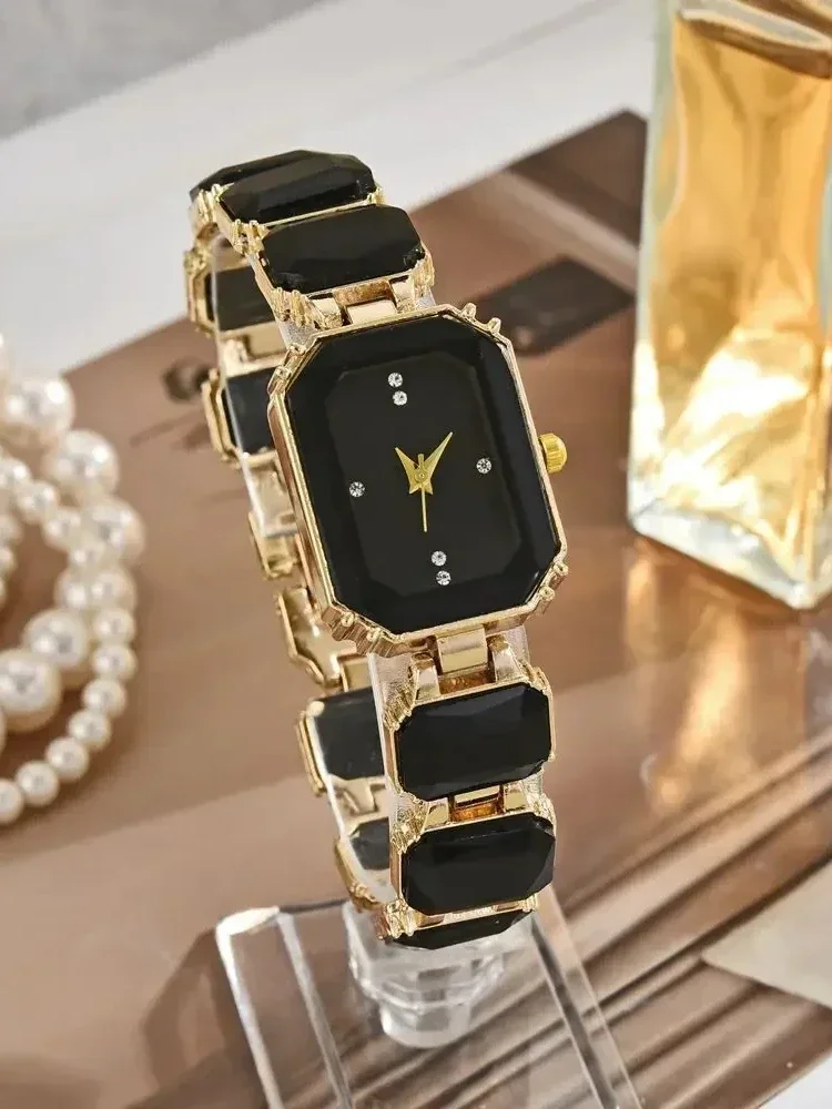 ساعة نسائية مربعة فاخرة مياه الفولاذ المقاوم للصدأ الماس حركة كوارتز موضة سوار ساعة ساعات السيدات الذهب الوردي #6