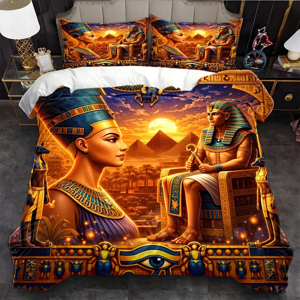 3Pc Ancient Egyptian Civilization Themed Duvet Cover Set, Three-Piece Bedding Set (1*Duvet Cover + 2*Pillowcases), Suitable for All Seasons, Machine Washable, with Invisible Zipper, Large Double Bed Cover Set, Suitable for Home, Dormitory, Master Bedroom, Guest Room, Vintage Pharaoh Mural Design Bedding, Exotic Print Duvet Cover and Pillowcase Three-Piece Set, Egyptian Element Decorative Bedding Set, Durable and Skin-Friendly Bedroom Bedding Set, 2D Flat Print