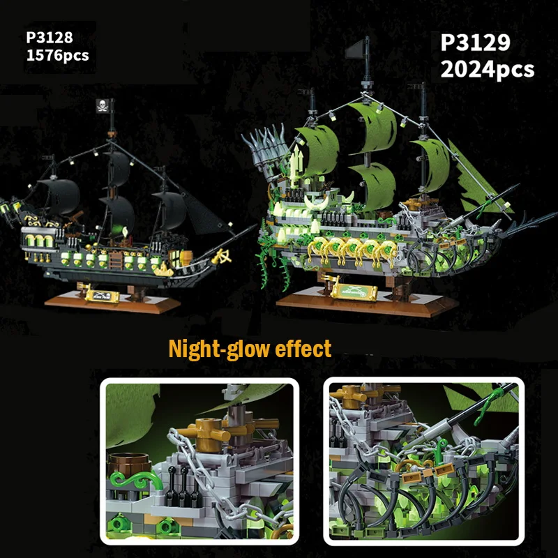 

Creative Glow-in-the-dark Pirates Ship Model Mini Building Blocks Kits Ghost Ship Assembled Educational Bricks Toys Holiday Gift