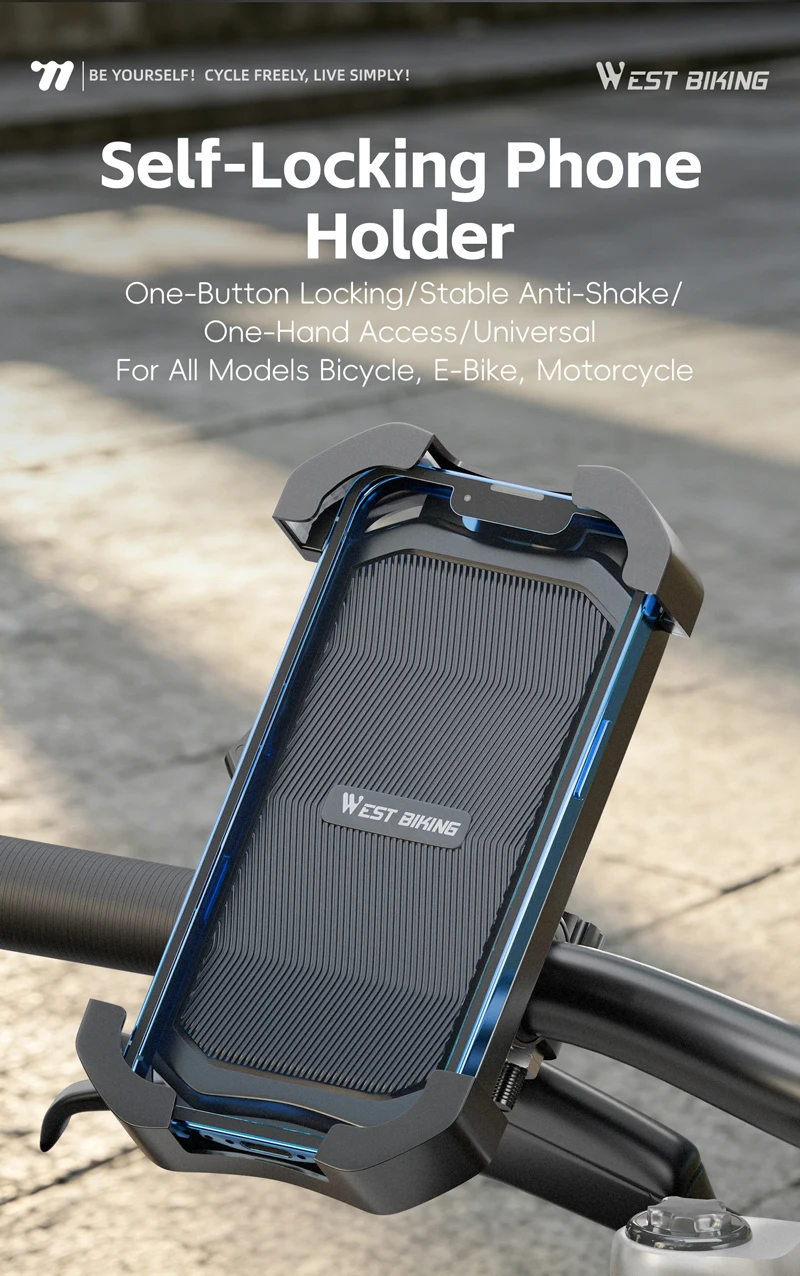 WEST BIKING Selbstverriegelnder Handyhalter für Fahrrad, Motorrad, E-Bike, universeller Anti-Rüttel-Handyhalter, Lenker-/Rückspiegelhalterung – Detail 1