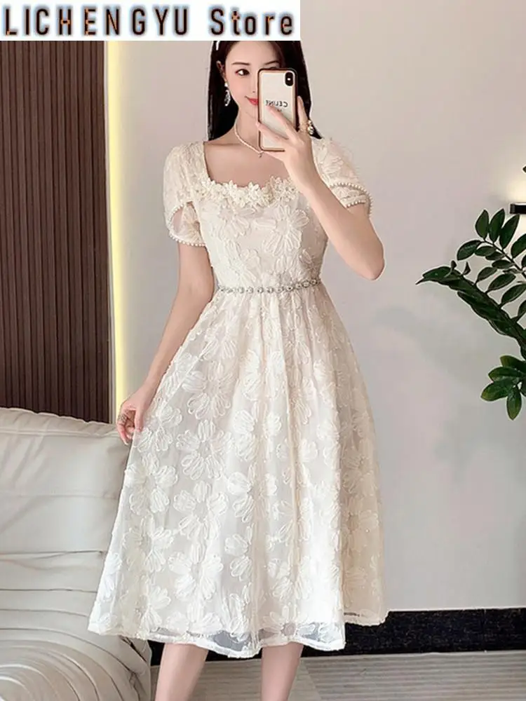 

New French Elegant Embroidery Short-Sleeved Summer Dress Women Fashion Luxury Diamond Beads Hollow Floral Dress Vestidos