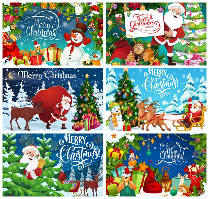 

MOON.QG Merry Christmas Photo Backdrop Banner Poster Pine Tree Santa Claus Reindeer Background Professional Photography Material