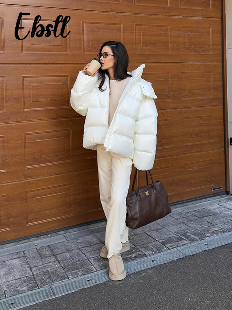 معطف قطني لامع بقلنسوة لامع من High Street للنساء بياقة واقفة وسحاب فضفاض وأكمام طويلة سترة مبطنة لشتاء 2025 ملابس خارجية جديدة