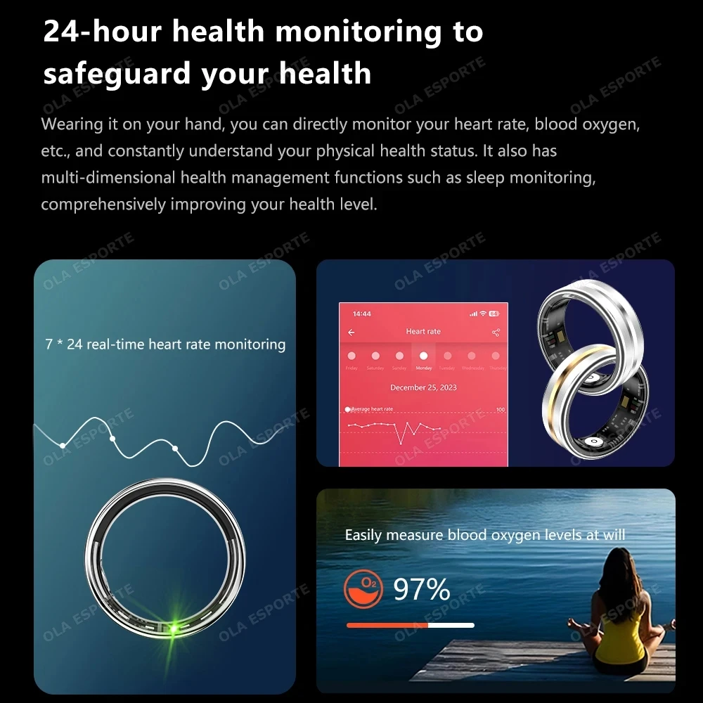 New Smart Ring Military Grade Titanium Steel Shell Health Monitor Photo Control IP68&5ATM Waterproof Multi-sport Modes SmartRing