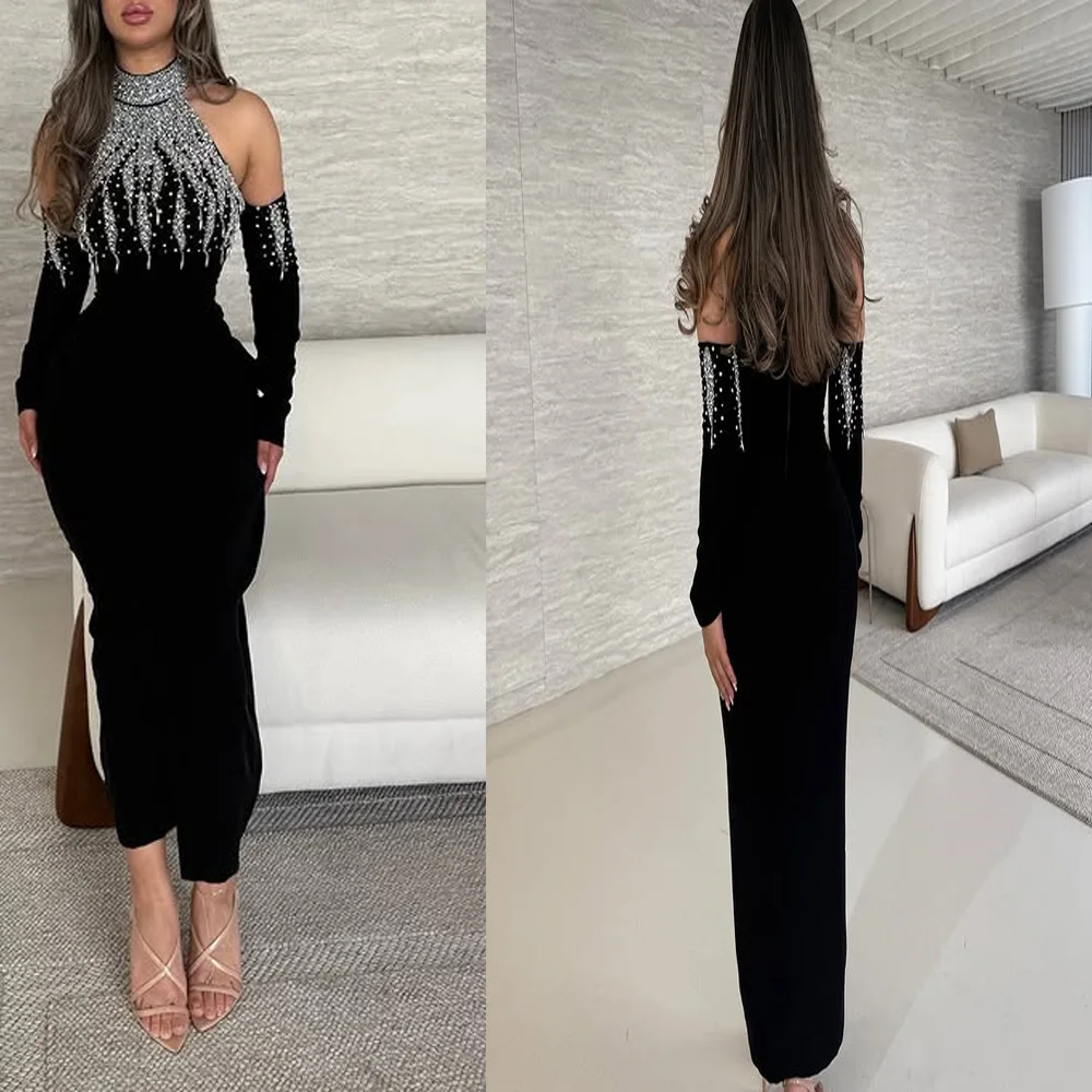 Fantástico vestido de noche de satén con cuello redondo personalizado, vestido largo árabe saudí sin espalda con funda de cristal, manga desmontable 3/4