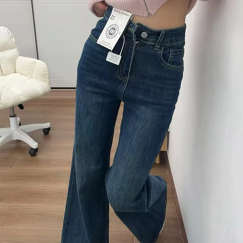 Jeans da donna taglie forti foderati in Fce blu vintage a vita alta a gamba larga pantaloni svasati comodi e larghi denim di cotone caldo invernale