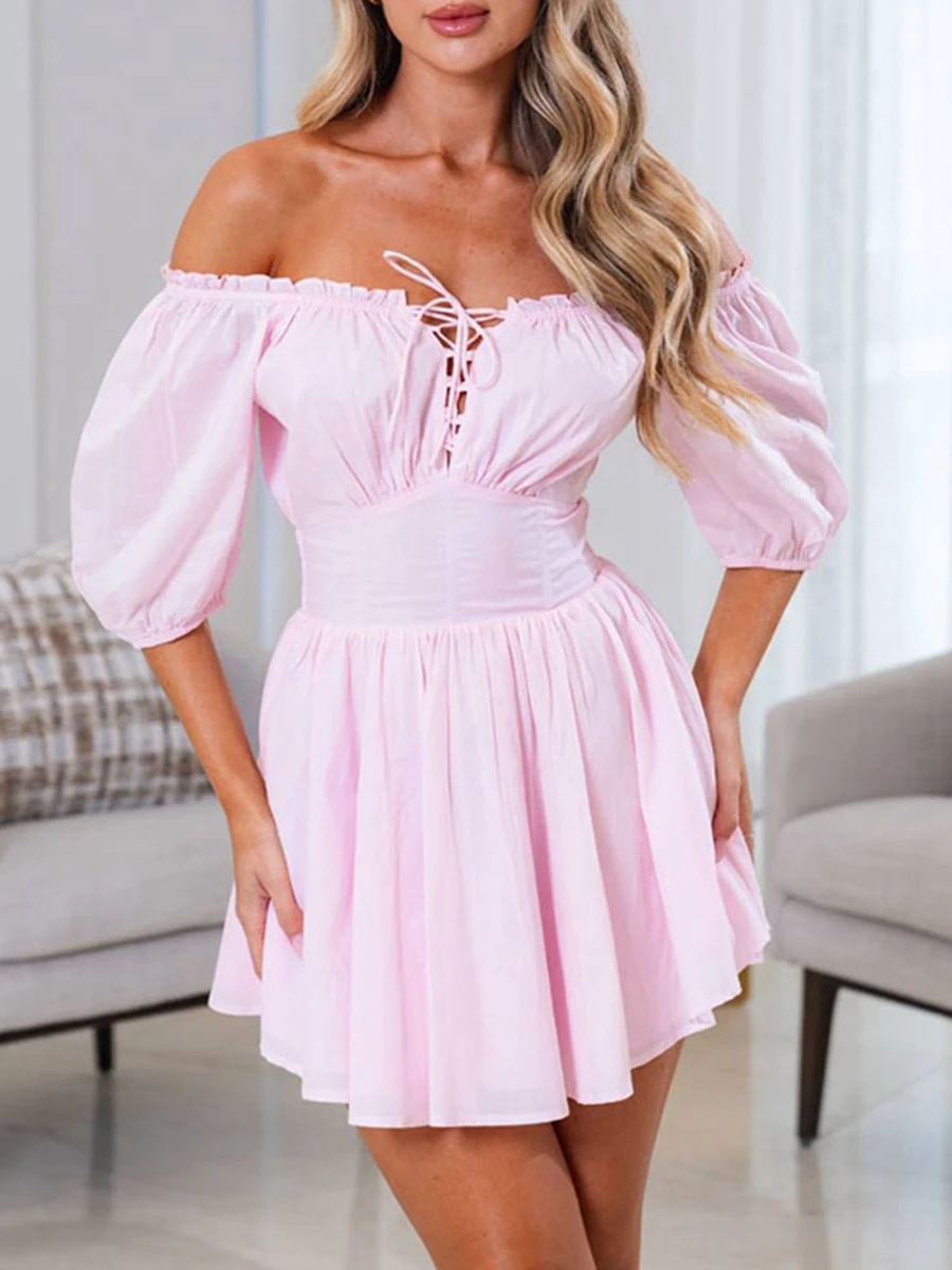 

Women Mini Dress, Short Sleeve Off-shoulder Dress Tie-up Solid Summer A-line Dress