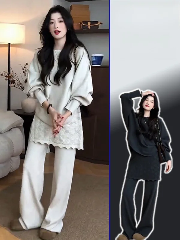

plus Size Spring New Faionable Women's Knitted Sweater And Casual Pants Set Versatile Comfortable High Waist Wide Leg Trousers