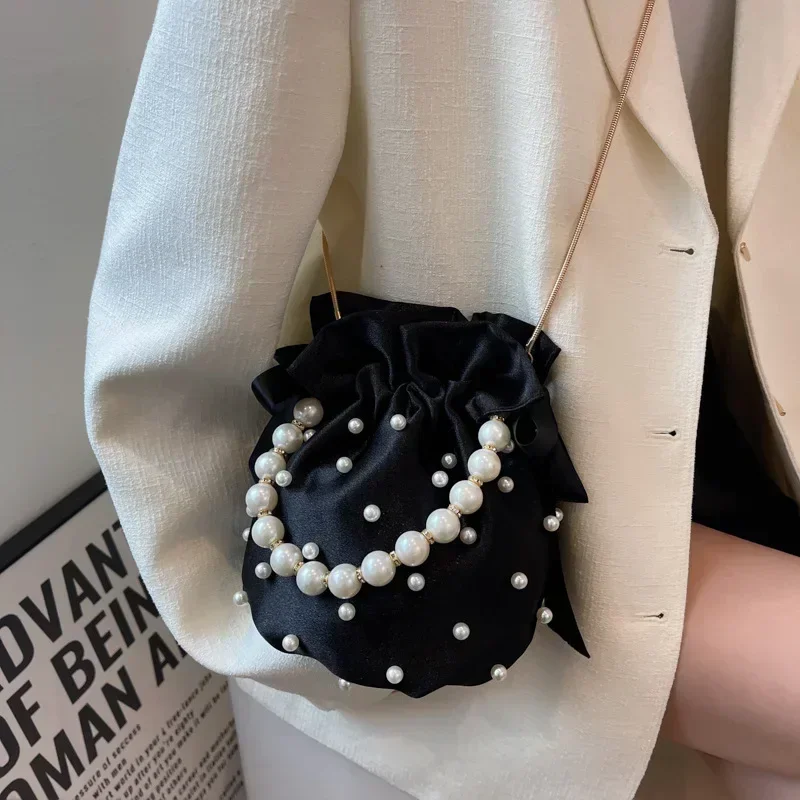 Brand Shoulder Bags For Women High Quality Luxury Ladies Handbag Black Bead Pearl Imitation Silk Female Bucket Crossbody Bag