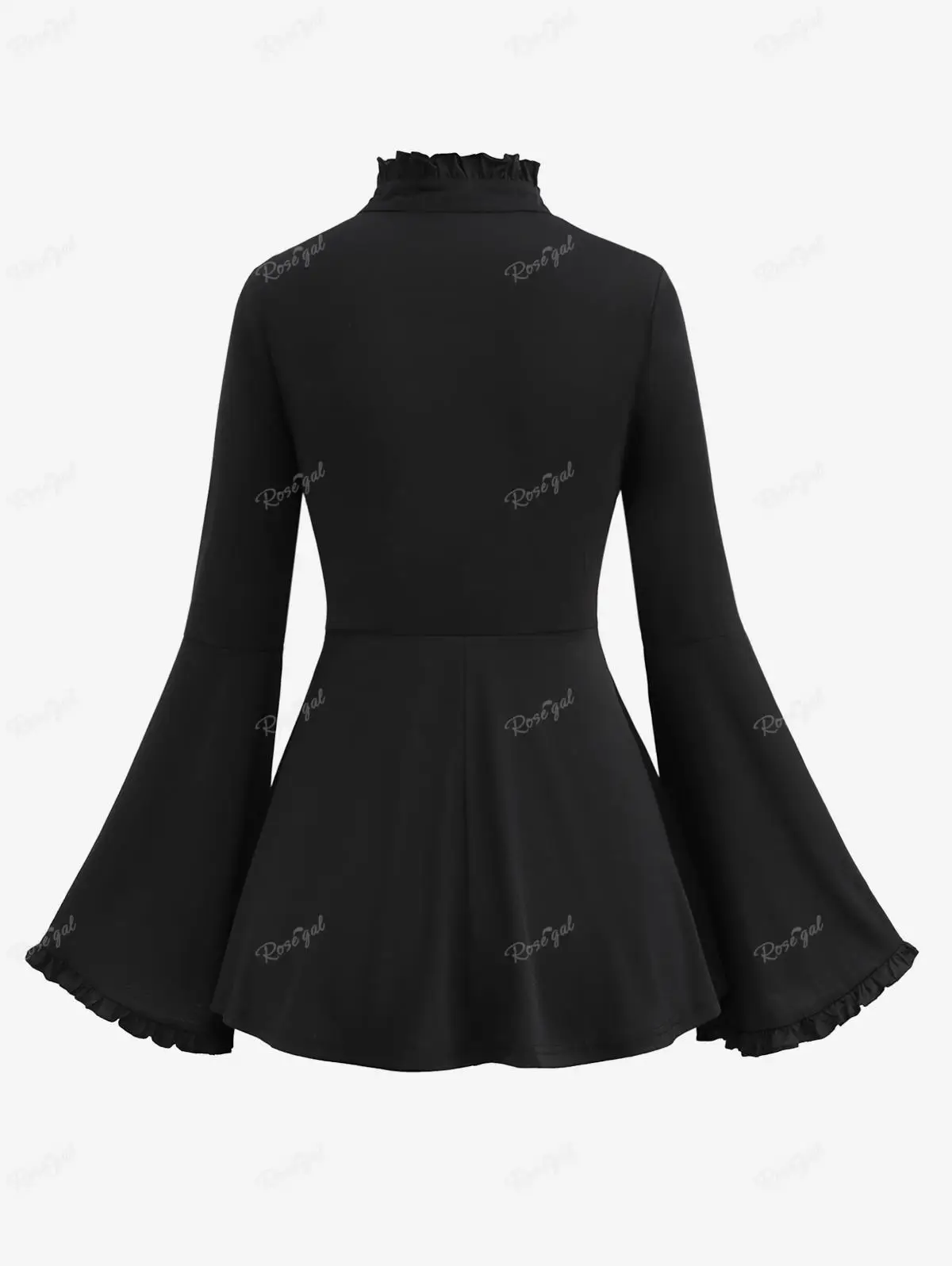 ROSEGAL Plus Size Gothic T-shirt Floral Lace Panel Ruched Lace Up Keyhole Flare Sleeves Asymmetric Corset Tops Black Tees