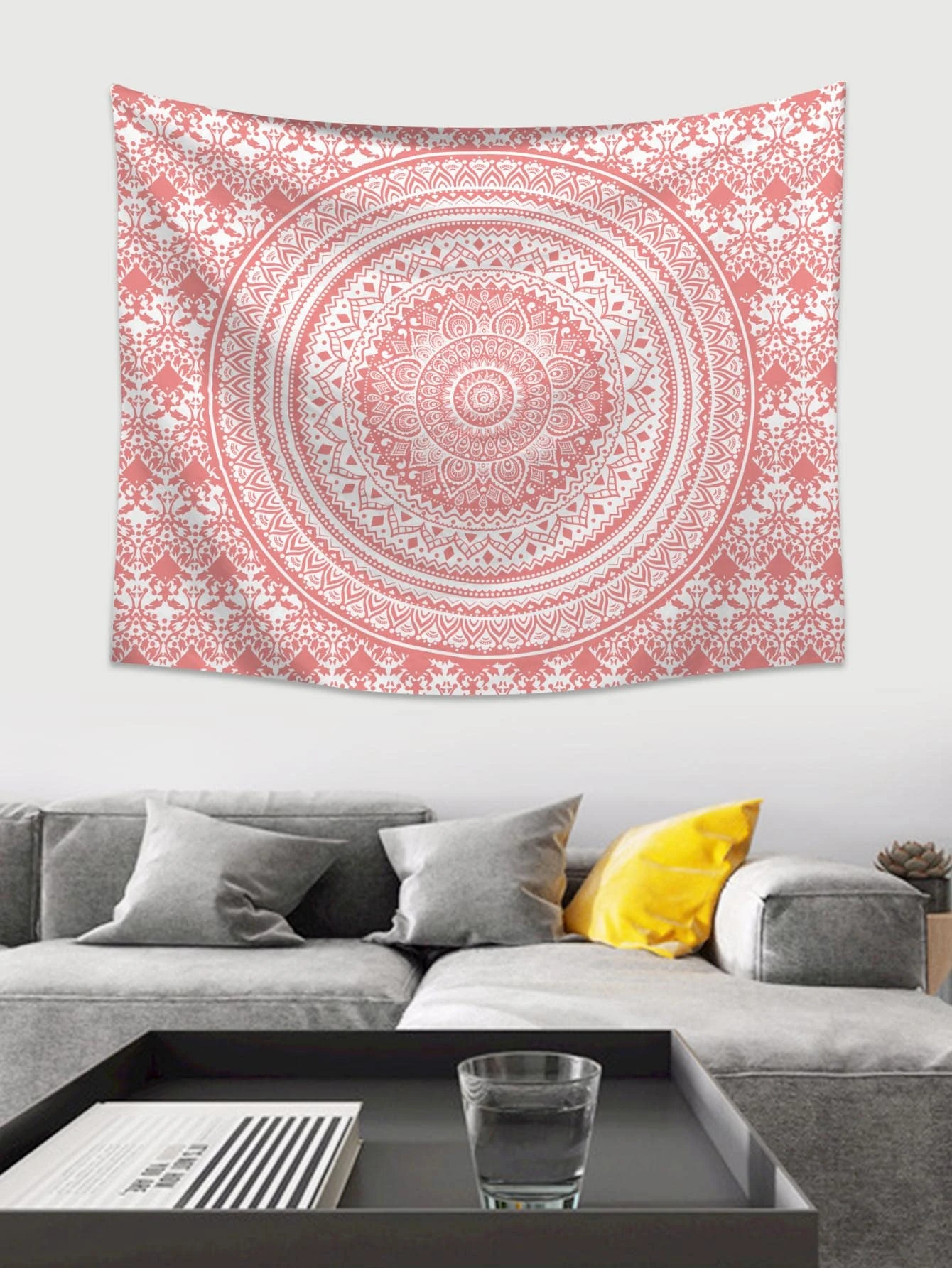 Pink Mandala Print Tapestry, Boho Wall Hanging Art, Aesthetic Home Decor for Bedroom Living Room Dorm