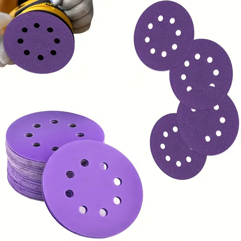 Disco de areia roxo de 5 polegadas, 20 peças, 8 furos, gancho e laço, lixa profissional de alumina, madeira polida seca e molhada, pintura metálica, surfa