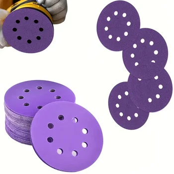 Disco de areia roxo de 5 polegadas, 20 peças, 8 furos, gancho e laço, lixa profissional de alumina, madeira polida seca e molhada, pintura metálica, surfa