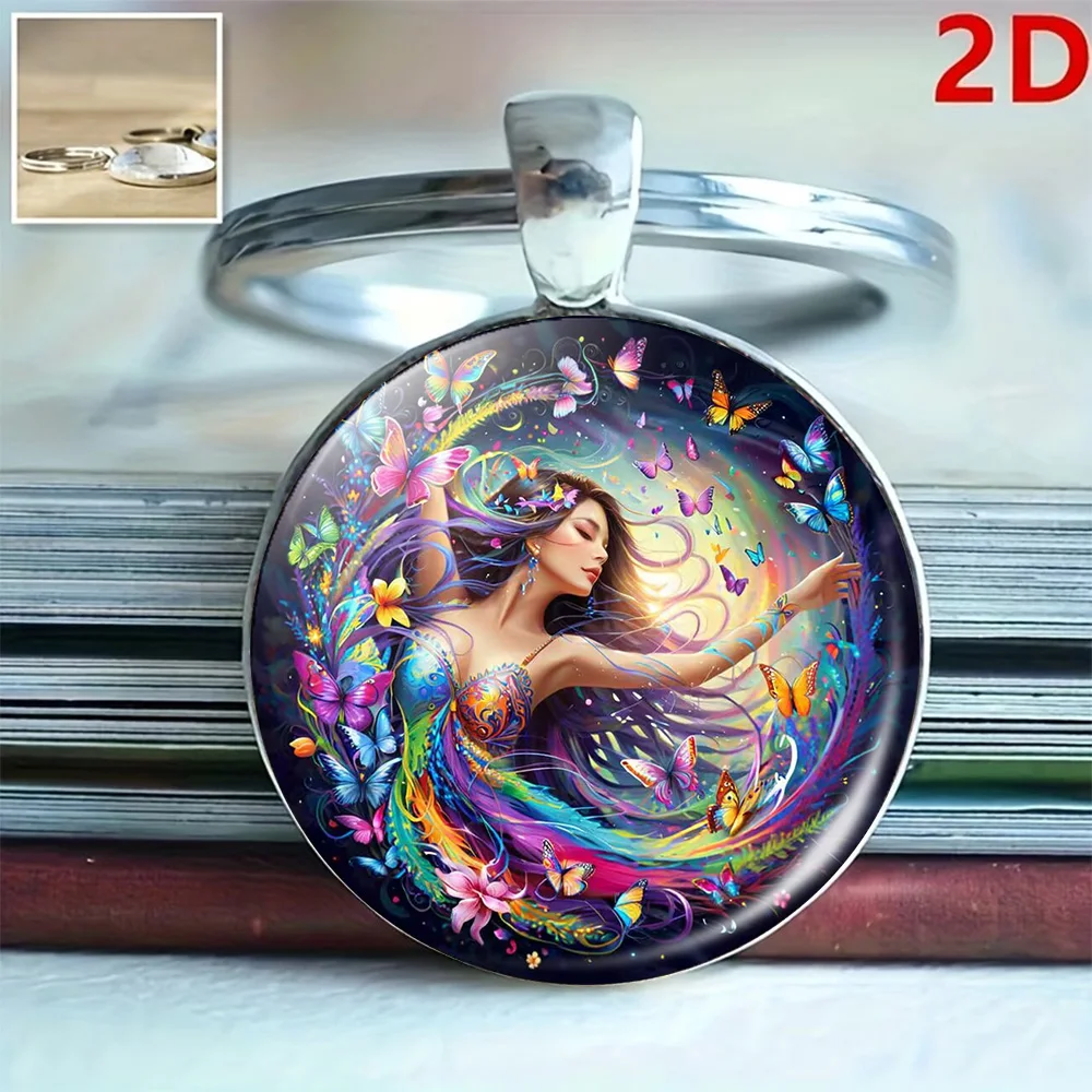 Colorful Butterfly Goddess Time Gem Keychain Round Glass Cover Key Ring Ladies Bag Hanging Ornament Pendant Fashion Jewelry Gift