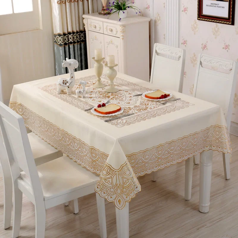 

Luxury Waterproof Tablecloth Rectangular Oilproof PVC Plastic Tablecloth Flowers Golden Bronzing Printing Table Cover Table Mat